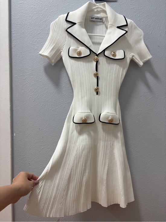 Self-Portrait Dresses & Skirts - Self-Portrait Ivory Knit Fit-and-Flare Dress with Black Trim